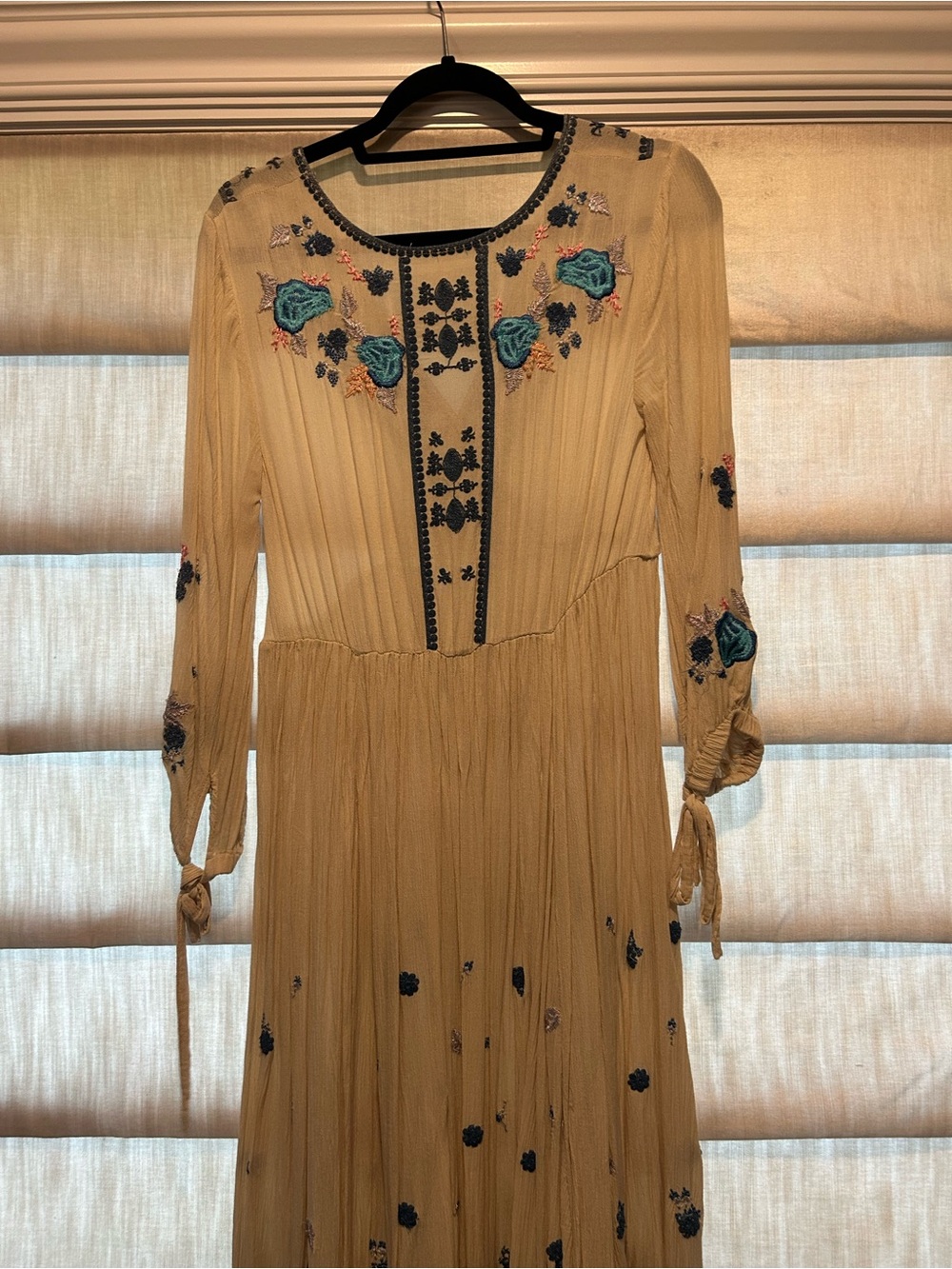 Free People Beige Maxi Dress with Teal & Navy Floral Embroidery